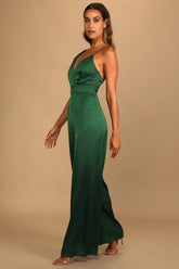 Retro Emerald Green Satin Asymmetrical Wide-Leg Jump Suit